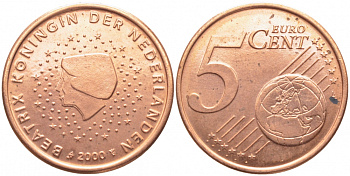 Нидерланды 5 евроцентов 2000 KM 236 сталь плакированная медью UNC 3856-533