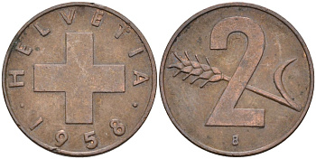 Швейцария 2 раппена 1958 В KM 47 бронза 4591-1231