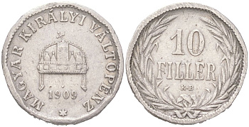 Венгрия 10 филлеров 1909 KB, Франц Иосиф I (1848-1916) KM 482 никель 4611-1212