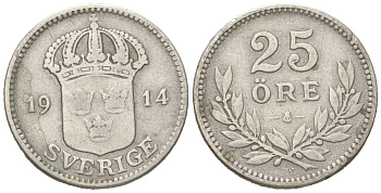 Швеция 25 эре 1914 W, Густав V (1907-1950) KM 785 серебро 44-751