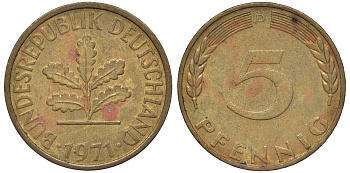 ФРГ 5 пфеннигов 1971 D KM 107, J.382 сталь плакированная латунью 4174-523