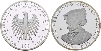 ФРГ 10 евро 2013 D, 200 лет со дня рождения Ричарда Вагнера KM 316а серебро PROOF 1080-9-44