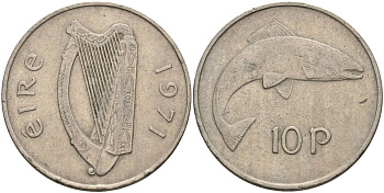 Ирландия 10 пенсов 1971 лосось KM 23 медно-никель 4144-1015