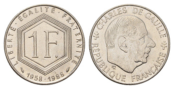 Франция 1 франк 1988 30 лет Пятой Республике KM 963 никель UNC 4118-352