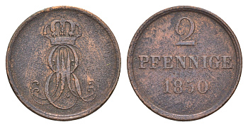 Ганновер 2 пфеннига 1850 B, Эрнст Август I (1837-1851) KM 202.1, AKS 124, J. 75 медь    4657-723