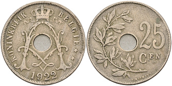 БЕЛЬГИЯ 25 САНТИМОВ 1922 BELGIE KM 69 медно-никель 4589-745