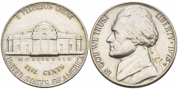 США 5 ЦЕНТОВ 1975 D ДЖЕФФЕРСОН KM А192 медно-никель 4546-1144