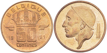 БЕЛЬГИЯ 50 САНТИМОВ 1991 BELGIQUE, БОДУЭН I (1951-1993) KM 148.1 бронза 214-646