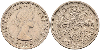 Великобритания 6 пенсов 1962 Елизавета II (1952-2022) KM 903, Spink 4149 медно-никель 4115-733
