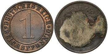 Германия 1 рейхспфенниг ND (1924-1936) A KM 37, J. 313 бронза 4189-1041