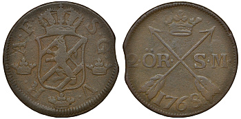 Швеция 2 эре 1768 Адольф Фредерик (1751-1771) S.M. диаметр 34 мм, вес 28,3 гр, последний год чеканки данного типа KM 461 медь 4179-334