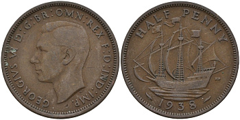 Великобритания 1/2 пенни 1938 Георг VI (1936-1952) KM 844, Spink 4115 бронза 4146-215