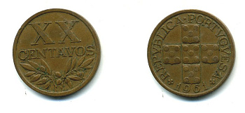 ПОРТУГАЛИЯ 20 СЕНТАВО 1961 KM 584 бронза 35-728