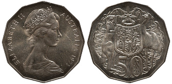 Австралия 50 центов 1971 Елизавета II (1952-2022), герб Австралии, кенгуру KM 68 медно-никель UNC 4557-1123