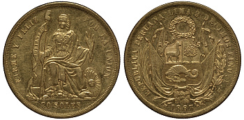 Перу 20 солей - 8 эскудо 1863 KM 194 золото 10-010-52