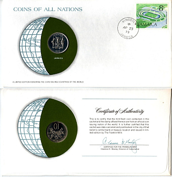 Ямайка 10 центов 1979 конверт с маркой первого дня гашения, Coins of Nations KM 54 медно-никель BU 4295-7-1