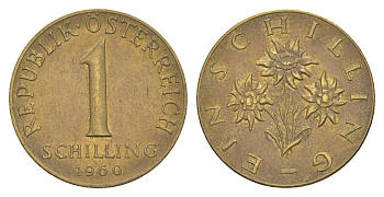Австрия 1 шиллинг 1960 KM 2886 алюминиевая бронза UNC 4556-1114