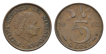 Нидерланды 5 центов 1962 Юлиана (1948-1980) KM 181 бронза 4685-122