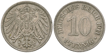Германия 10 пфеннигов 1911 A, Вильгельм II (1888-1918) KM 12, J. 13 медно-никель 4615-751