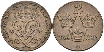 Швеция 2 эре 1939 Густав V (1907-1950) KM 778 бронза 68-1155