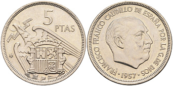 Испания 5 песет 1957(72) Франциско Франко (1939-1975) KM 786 медно-никель UNC 4583-1142