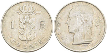 БЕЛЬГИЯ 1 ФРАНК 1967 BELGIE, БОДУЭН I (1951-1993) KM 143.1 медно-никель 213-336