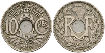 Франция 10 сантимов 1919 KM 866a, Le Franc 138.3 медно-никель 4143-843