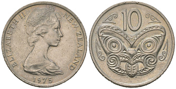 Новая Зеландия 10 центов 1975 Елизавета II (1952-2022), маска маори KM 41 медно-никель UNC 4620-222