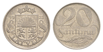Латвия 20 сантимов 1922 год-тип KM 5 никель 4658-1242