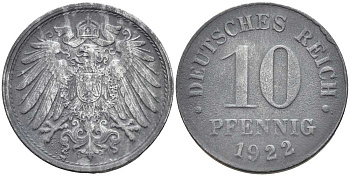 ГЕРМАНИЯ 10 ПФЕННИГОВ 1922 KM 26, J. 299 цинк 4401-221