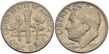 США 10 ЦЕНТОВ = 1 ДАЙМ 1977 РУЗВЕЛЬТ KM 195а медь плакированная медно-никелем 66-1121