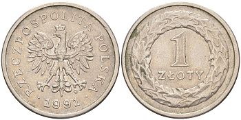 ПОЛЬША 1 ЗЛОТЫЙ 1991 MW KM 282 медно-никель 106-546