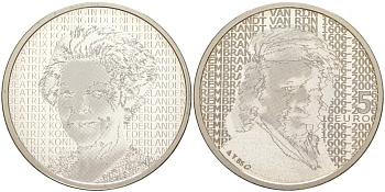Нидерланды 5 евро 2006 400 лет со дня рождения Рембрандта, королева Беатрикс KM 266 серебро PROOF 01-345-23