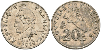 Французская Новая Каледония 20 франков 2010 три быка, (IEOM) KM 12a, Schoen 14a медно-никель 4137-323