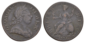 Великобритания 1/2 пенни 1771 Георг III (1760-1820) KM 601, Spink 3774 медь 413-2532