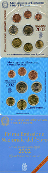 Италия годовой набор из 8 монет (1, 2, 5, 10, 20 и 50 евроцентов; 1 и 2 евро) 2002 в оригинальном наборе монетного двора KM MS40 (210, 211, 212, 213, 214, 215, 216 и 217) UNC 8-2-04-36