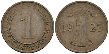 Германия 1 рейхспфенниг 1925 A KM 37, J. 313 бронза 4189-1111