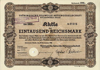 Германия 1000 рейхсмарок 1940 Тюрингская компания по производству целлюлозы, Шварца, Заале, акция   бумага   8803-125-1