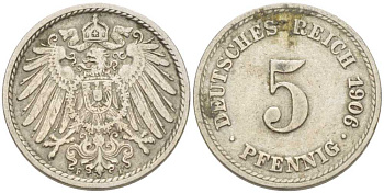 ГЕРМАНИЯ 5 ПФЕННИГОВ 1906 F KM 11, J. 12 медно-никель 206-1219