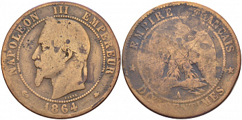 ФРАНЦИЯ 10 САНТИМОВ 1864 A, НАПОЛЕОН III (1852-1870) KM 798.1, LA FRANC 134.11 бронза 114-1225