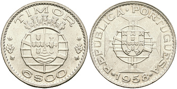 Португальский Тимор 6 эскудо 1958 год тип KM 15 серебро aUNC 4364-1645