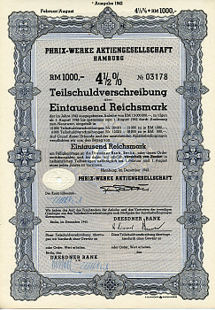 Германия 1000 рейхсмарок 1942 АО Phrix-Werke, Гамбург, 4 1/2% облигация   бумага 8804-109-1