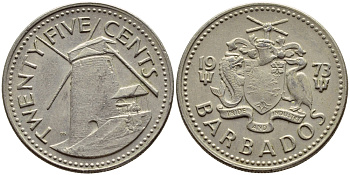 Барбадос 25 центов 1973 ветряная мельница Моргана Льюиса KM 13 медно-никель 4398-336