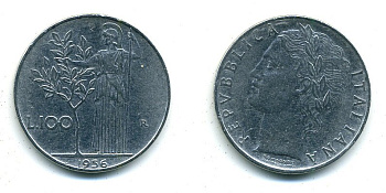 ИТАЛИЯ 100 ЛИР 1956 R, АФИНА KM 96.1 нержавеющая сталь 25-933