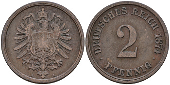 Германия 2 пфеннига 1874 А, старогербовка KM 2, J.2 медь    4596-251