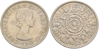 Великобритания 2 шиллинга (флорин) 1955 Елизавета II (1952-2022) KM 906, Spink 4146 медно-никель 189-632