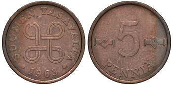 ФИНЛЯНДИЯ 5 ПЕННИ 1963 KM 45 медь 3334-1045