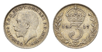 Великобритания 3 пенса 1917 Георг V (1910-1936) KM 813, Spink 4015 серебро 4643-1211