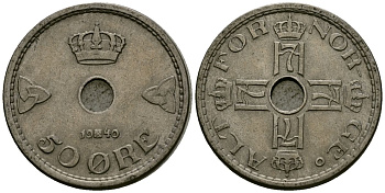 Норвегия 50 эре 1940 Хокон VII (1905-1957) KM 386 медно-никель 4584-134