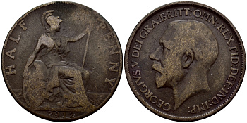 Великобритания 1/2 пенни 1912 Георг V (1910-1936) KM 809, Spink 4056 бронза 60-1241